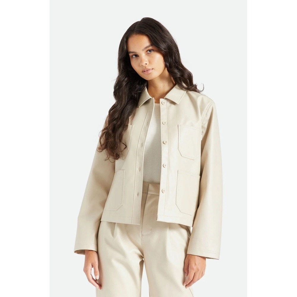 Brixton Womens Jacket NWT Survey Boxy Chore Coat Beige‎ Vegan Leather Sz L